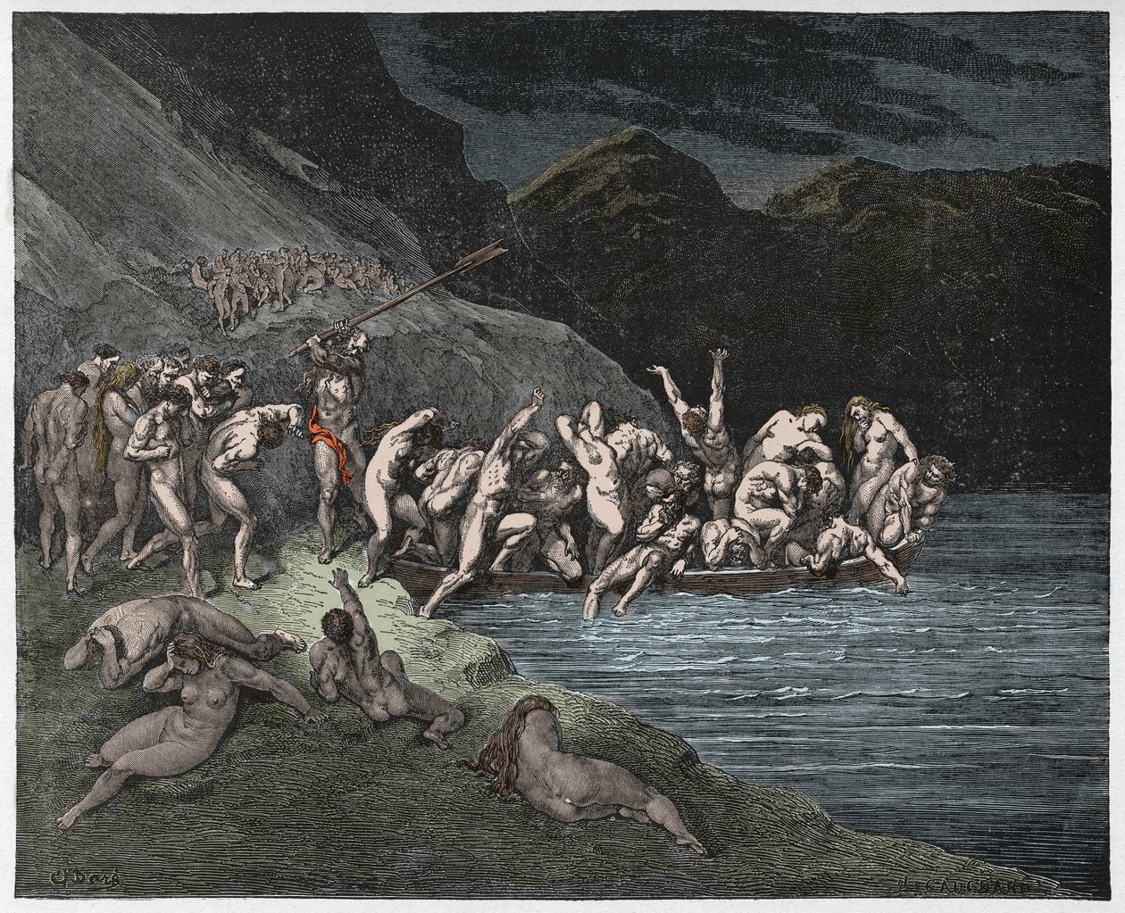 Inferno, Canto 3 : The doomed souls embarking to cross the Acheron, illustration from The Divine Comedy by Dante Alighieri, 1885 (digitally coloured engraving) by Gustave after Dore