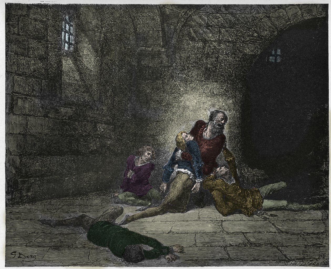 Inferno, Canto 33 : Gaddo dies before his fathers eyes (Ugolin (Ugolino) della Gherardesca), illustration from The Divine Comedy by Dante Alighieri, 1885 (digitally coloured engraving) by Gustave after Dore