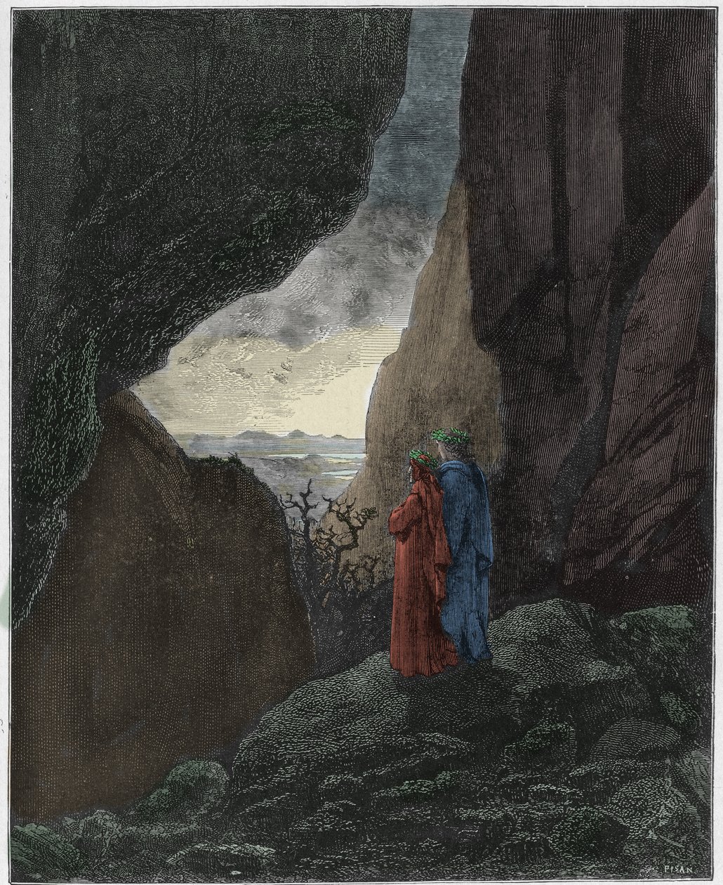 Inferno, Canto 34 : Virgil and Dante ascend to the upper world, illustration from The Divine Comedy by Dante Alighieri, 1885 (digitally coloured engraving) by Gustave after Dore