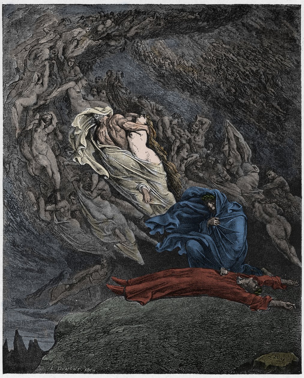Inferno, Canto 5 : Francesca Da Rimini describes her death, illustration from The Divine Comedy by Dante Alighieri, 1885 (digitally coloured engraving) by Gustave after Dore