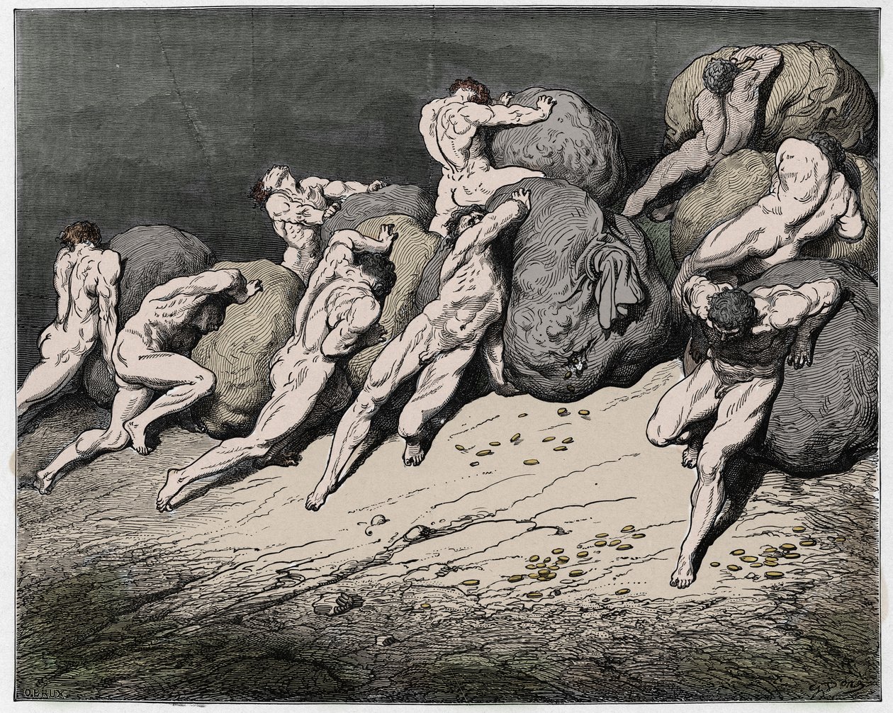 Inferno, Canto 7: Virgil yacyashye Plutus (Ploutos) ku bwinjiriro bwuruziga rwa kane, ishusho yo muri The Divine Comedy yanditswe na Dante Alighieri, 1885 (gushushanya amabara ya digitale) by Gustave after Dore