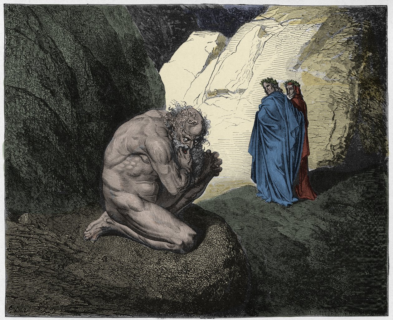 Inferno, Canto 7 : Virgil rebukes Plutus (Ploutos) at the entrance to the fourth circle, illustration from The Divine Comedy by Dante Alighieri, 1885 (digitally coloured engraving) by Gustave after Dore