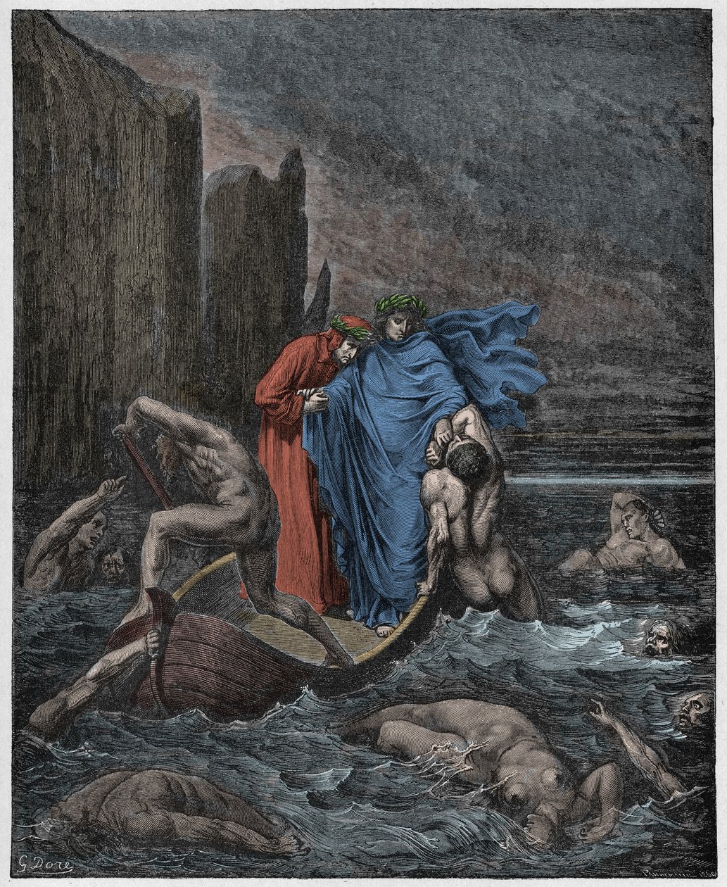 Inferno, Canto 8 : The soul of the Florentine Philippo Argenti (Filippo Argenti) accosts the poets on the Styx, illustration from The Divine Comedy by Dante Alighieri, 1885 (digitally coloured engravi by Gustave after Dore