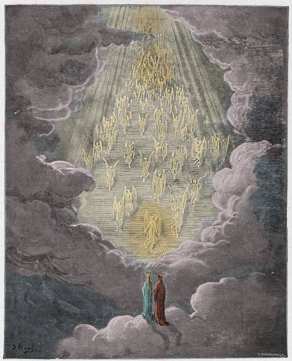 Paradiso, Canto 21 : Beatrice and Dante in the sphere of Saturn, illustration from The Divine Comedy by Dante Alighieri, 1885 (digitally coloured engraving) by Gustave after Dore