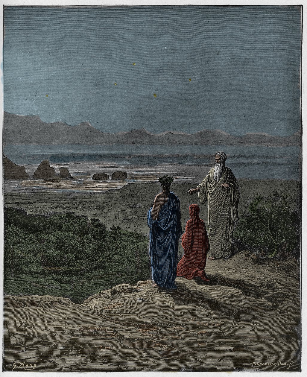 Purgatorio, Canto 1 : Dante kneels before Statius (Stace), illustration from The Divine Comedy by Dante Alighieri, 1885 (digitally coloured engraving) by Gustave after Dore