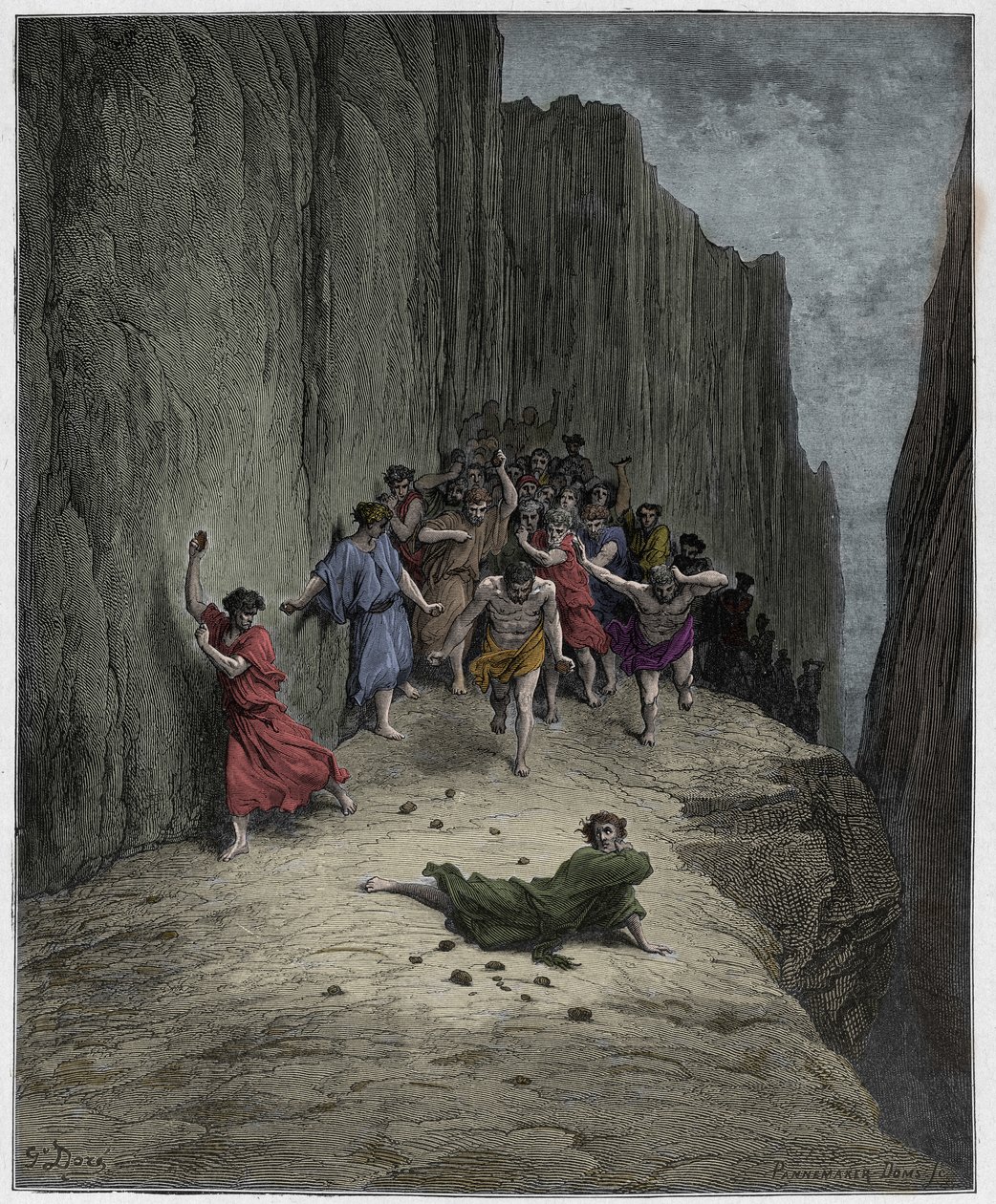 Purgatorio, Canto 15 : Dantes vision of the stoning of Stephen (saint Etienne), illustration from The Divine Comedy by Dante Alighieri, 1885 (digitally coloured engraving) by Gustave after Dore