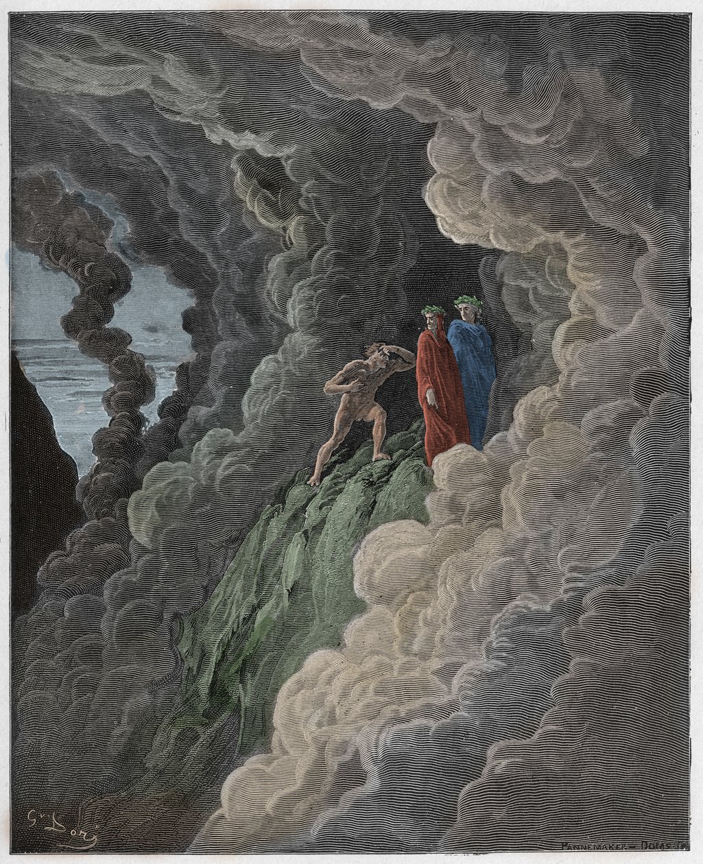 Purgatorio, Canto 16 : Marco Lombardo follows the poets through the smoke, illustration from The Divine Comedy by Dante Alighieri, 1885 (digitally coloured engraving) by Gustave after Dore