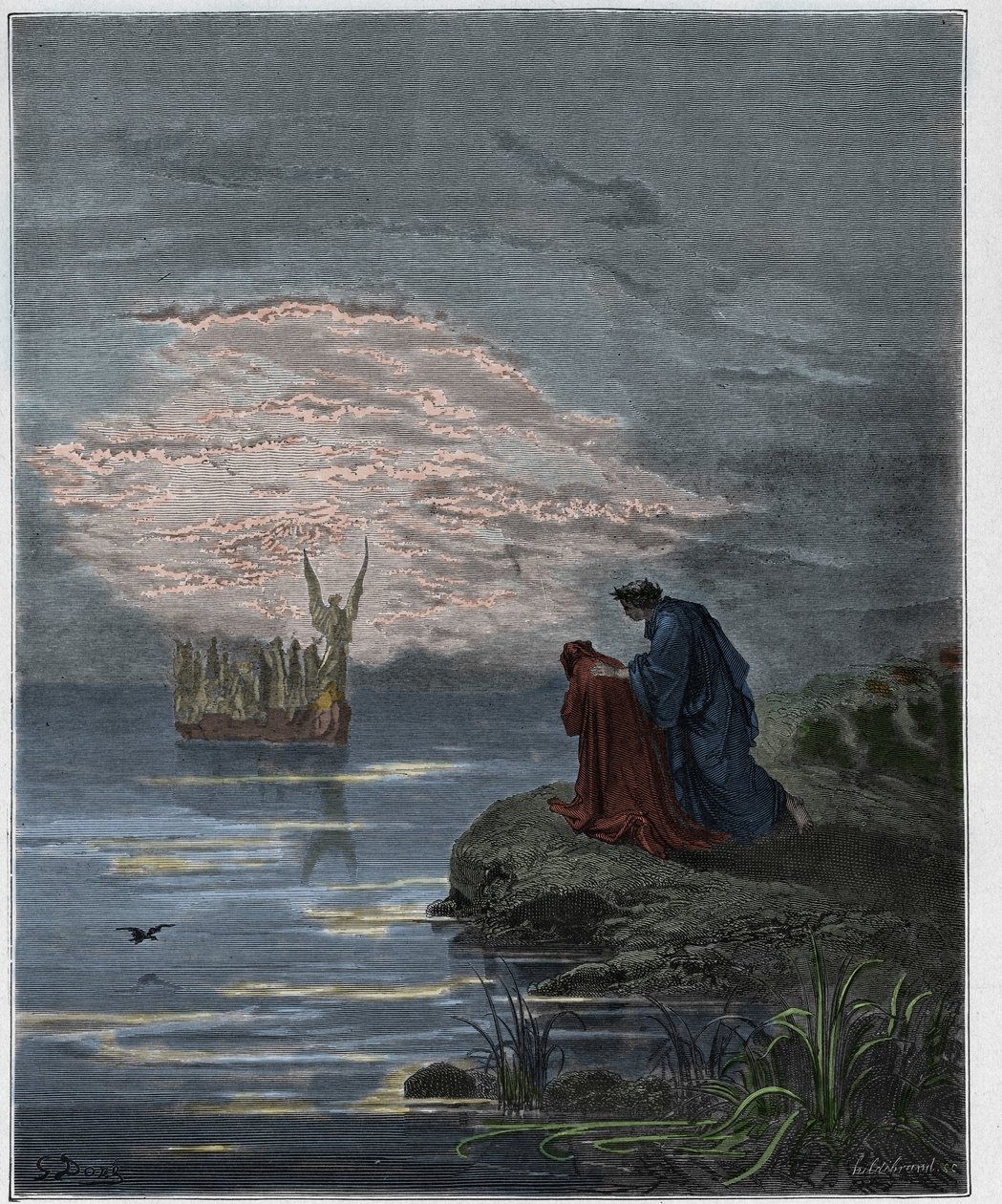 Purgatorio, Canto 1: Dante gjunjëzohet para Statius (Stace), ilustrim nga Komedia Hyjnore nga Dante Alighieri, 1885 (gdhendje me ngjyra dixhitale) i by Gustave after Dore