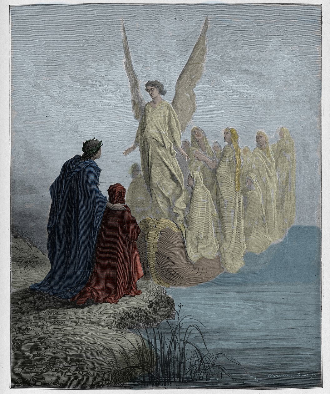 Purgatorio, Canto 2 : The celestial pilot lands the boat, illustration from The Divine Comedy by Dante Alighieri, 1885 (digitally coloured engraving) by Gustave after Dore