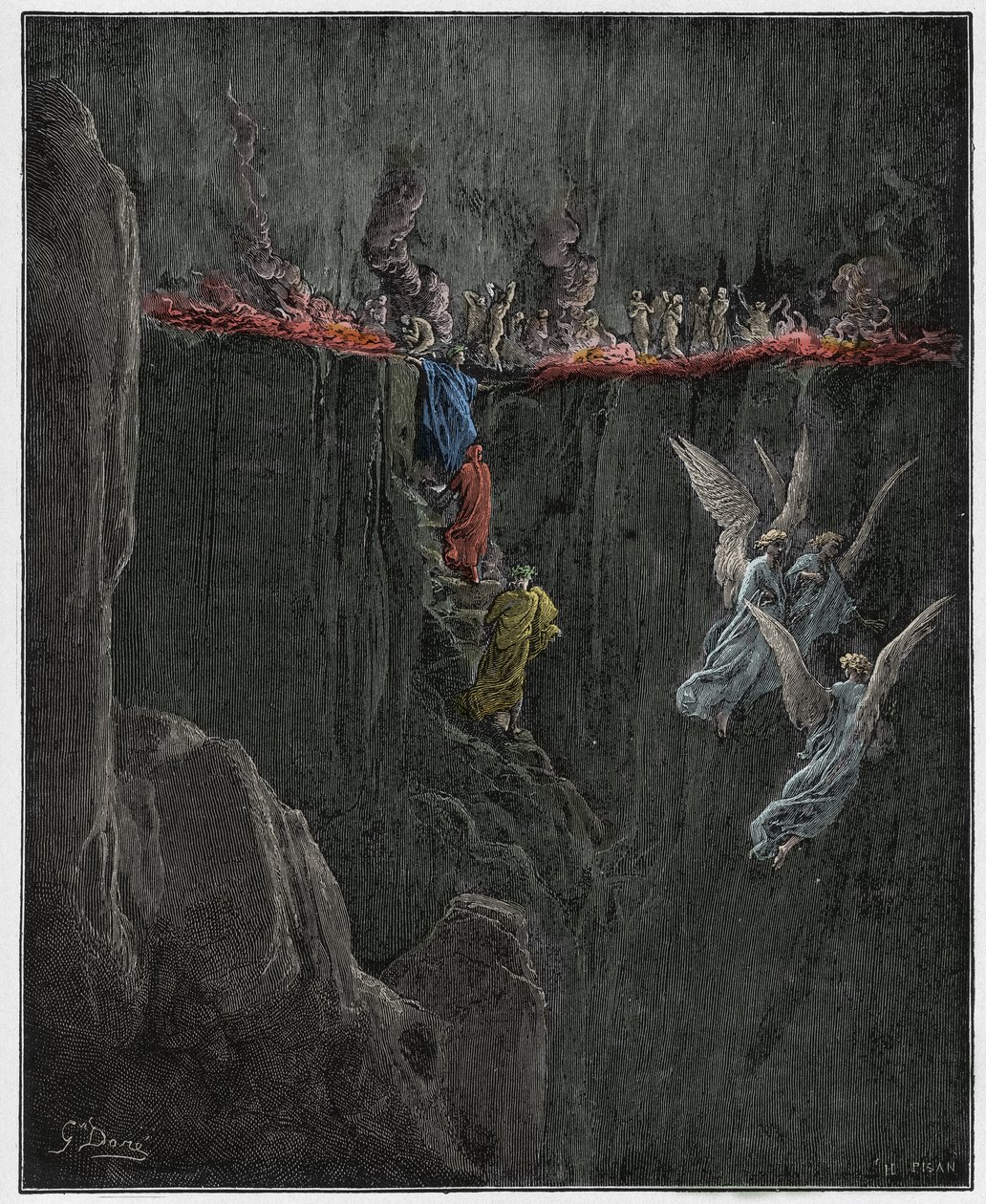 Purgatorio, Canto 25 : Virgil and Dante ascend to the seventh circle through flames, illustration from The Divine Comedy by Dante Alighieri, 1885 (digitally coloured engraving) by Gustave after Dore