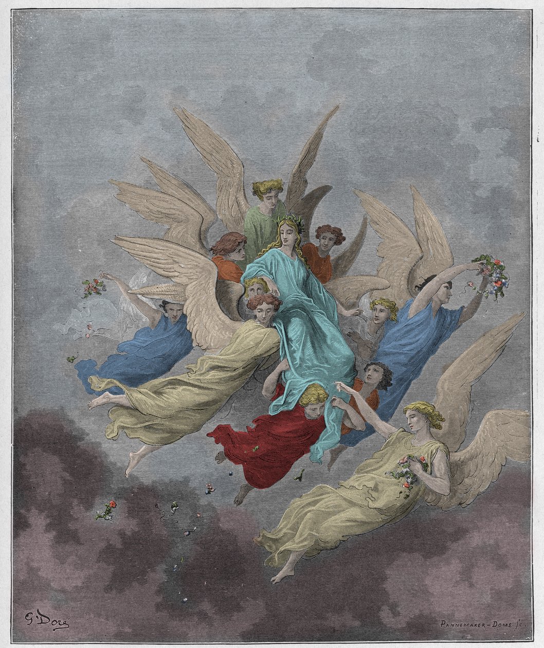 Purgatorio, Canto 30 : Beatrice among the angels, illustration from The Divine Comedy by Dante Alighieri, 1885 (digitally coloured engraving) by Gustave after Dore