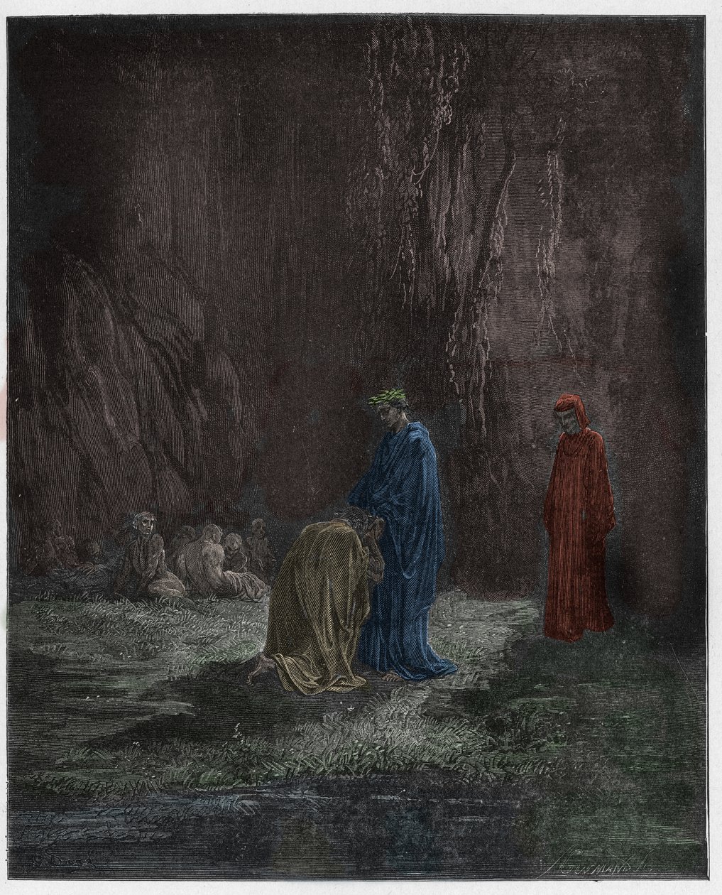 Purgatorio, Canto 5: Umubiri wa Buonconte (Bonconte) da Montefeltro muri Arno, ishusho yo muri The Divine Comedy yanditswe na Dante Alighieri, 1885 (gushushanya amabara ya digitale) by Gustave after Dore