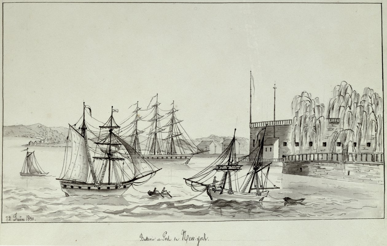 The Battery and New York Limanı, 1831 (kağıt üzerinde kalem ve mürekkep ve wc) by Gustave de Beaumont