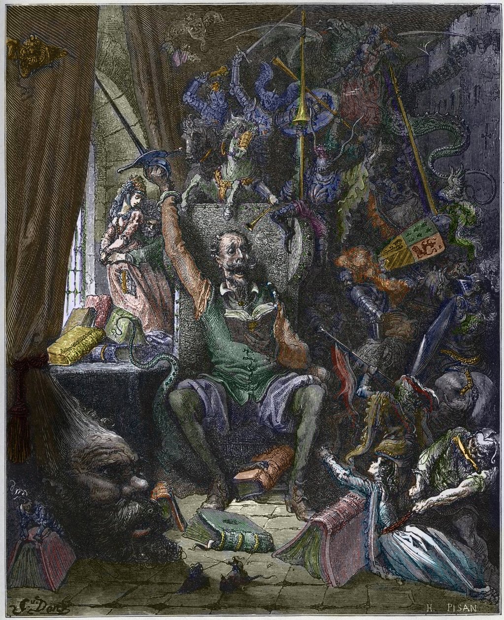 Don Kişot, hayallerinin hayaletleriyle çevrili çalışma odasında - Miguel Cervantes