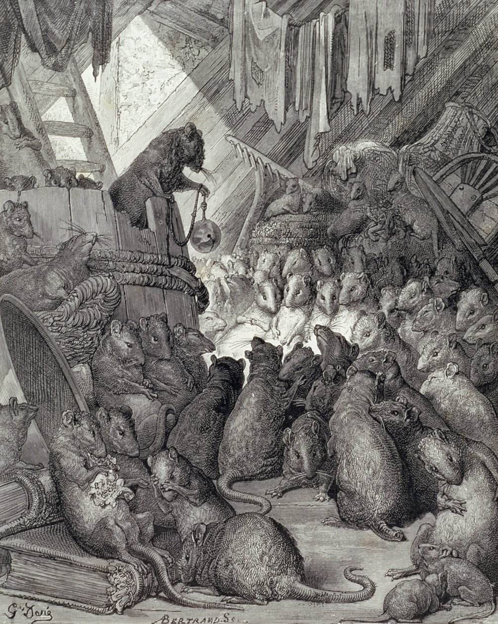 Antoine Valerie Bertrand (d.1823) tarafından oyulmuş La Fontaine Masallarından Fareler Tarafından Düzenlenen Konsey. 1868 (gravür) by Gustave (after) Dore