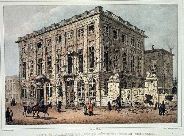 Cafe Amitie ve Old Hotel du Prince Frederic, Brüksel, 23-26 Eylül 1830 Savaşından sonra, Jean Baptiste Madou (1796-1877) tarafından oyulmuş (renkli gravür) by Gustave Adolphe (after) Simoneau