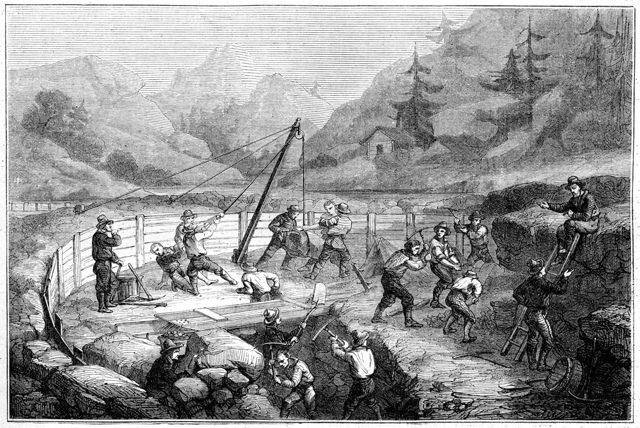 Bir nehrin dibindeki kumların kazılması ve yıkanması, Kaliforniya, 19. yüzyıl. by Gustave Adolphe Chassevent Bacques