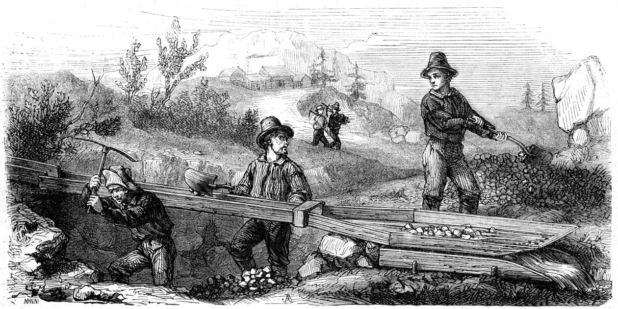 Uzun bir tom savağında çalışan Fransız madenciler, California, 19. yüzyıl. by Gustave Adolphe Chassevent Bacques