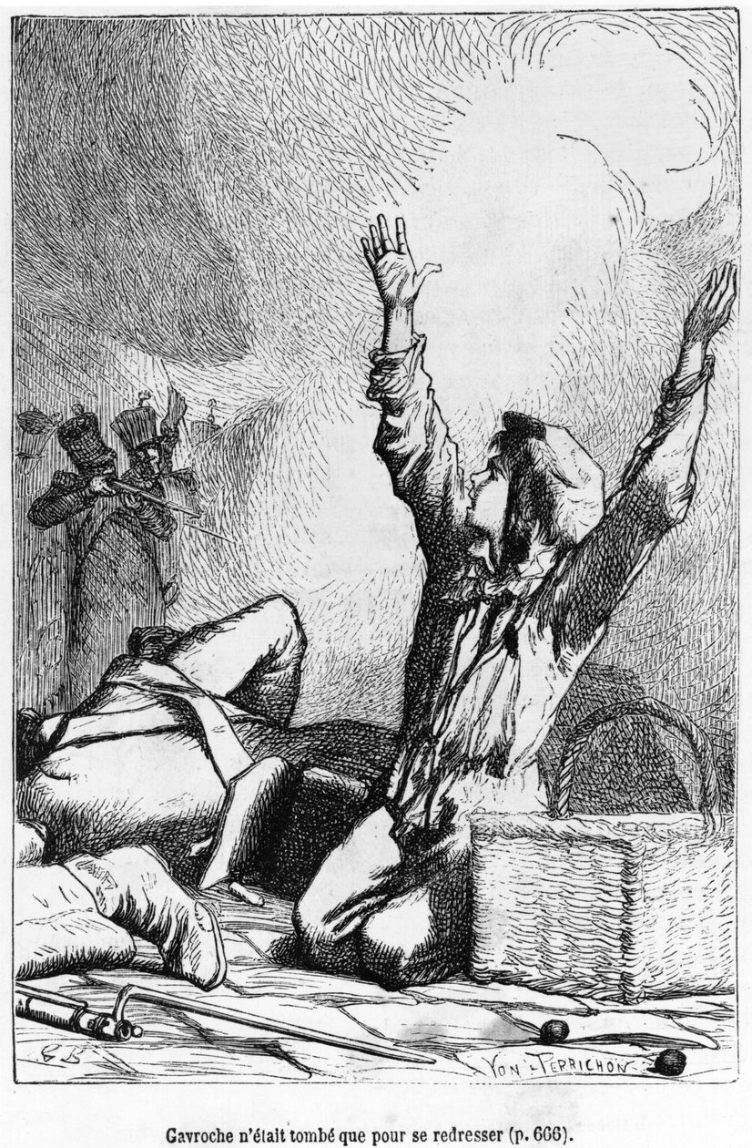 Gavroche sadece tekrar ayağa kalkmak için düşmüştü, Victor Hugo
