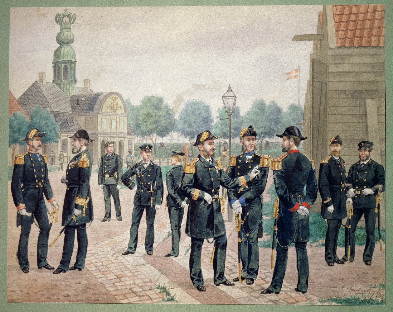 Akademide Danimarka Deniz Kuvvetleri Memurları. Gustav Brock tarafından suluboya by Gustave Brock