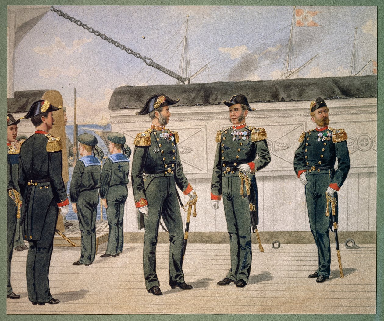 Danimarka Donanması memurları üniformalı. Gustav Brock tarafından suluboya by Gustave Brock