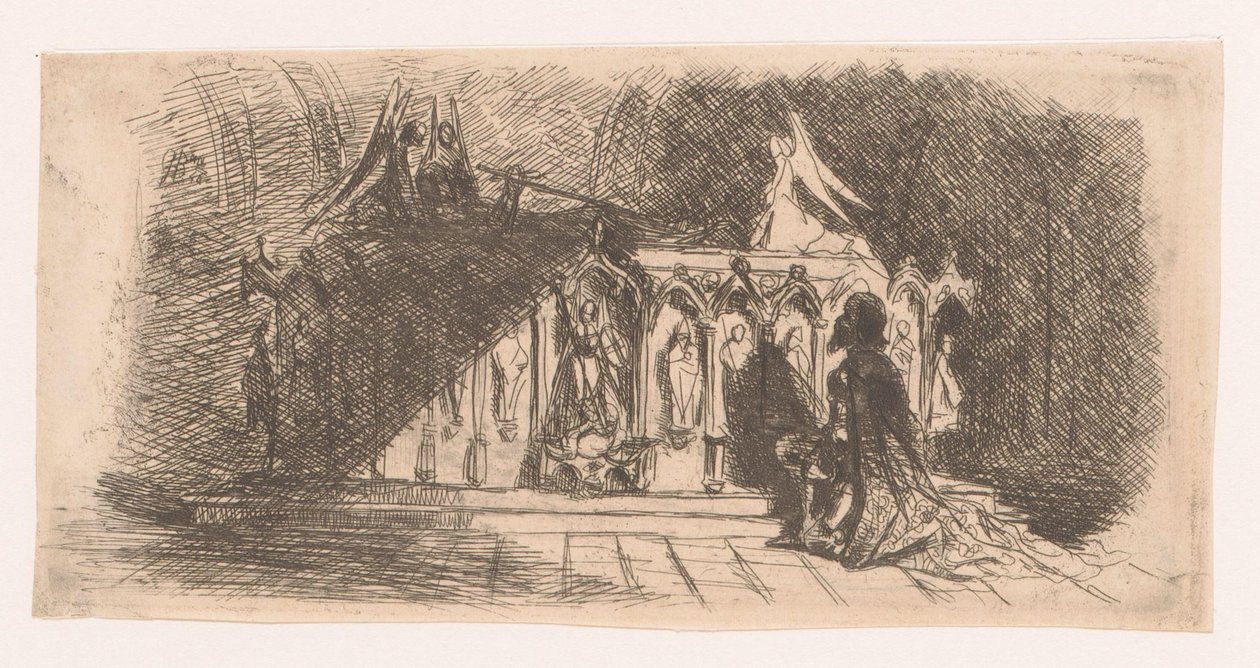Adam gotik bir mezarın önünde diz çöküyor by Gustave Buschmann