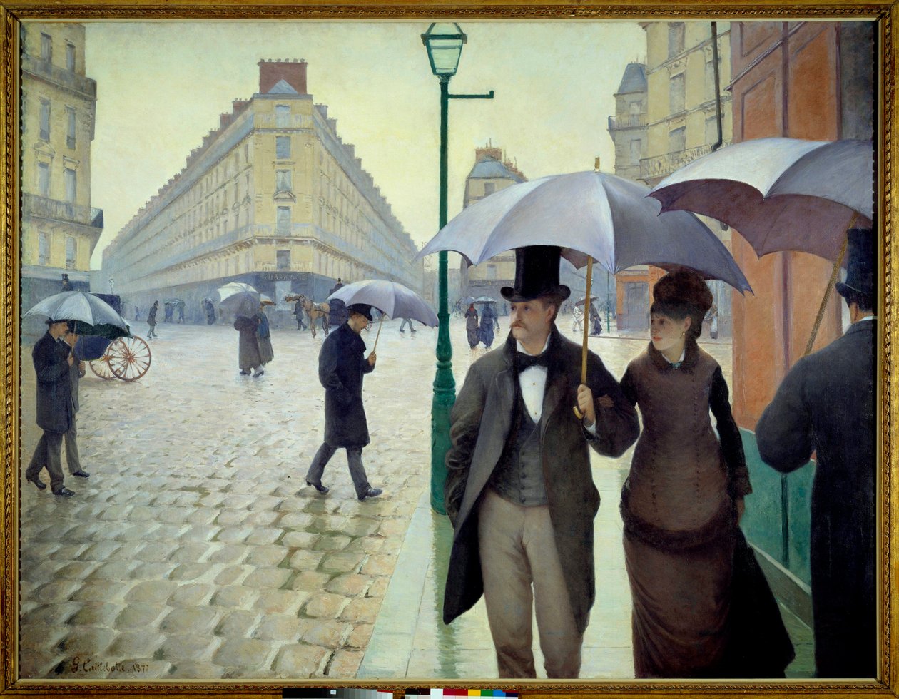 1877'de yağmurlu havada Paris'te bir sokak by Gustave Caillebotte