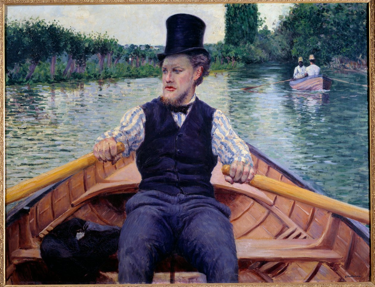 Teknenin bir parçası. Teknede kürek çeken uzun şapkalı bir adam. Gustave Caillebotte