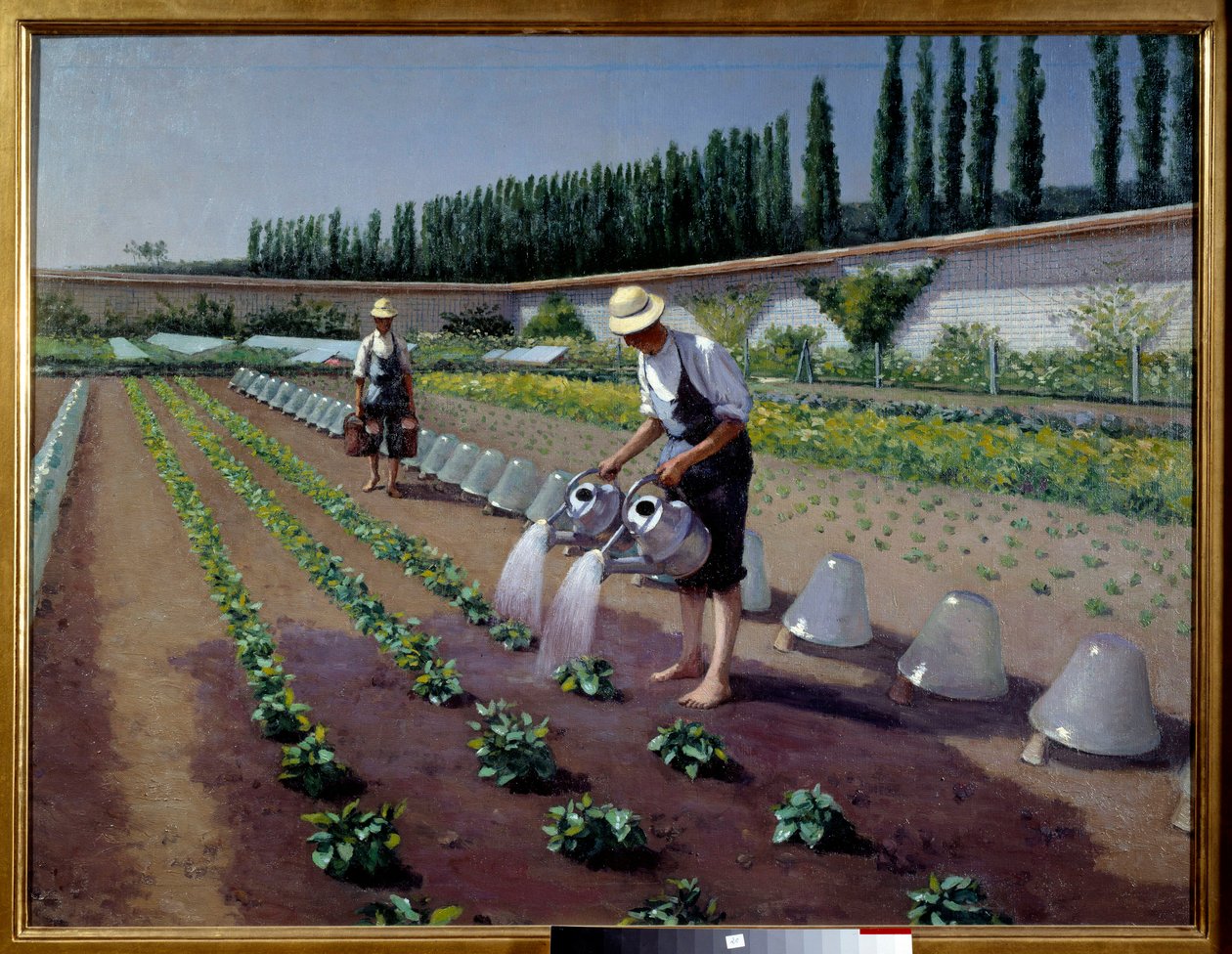 Bahçıvanlar. Sulama kovalarıyla iki adam tarlalarını suluyor. Yanlarında ekinleri örtmek için kullanılan cam çanlar vardı. Gustave Caillebotte