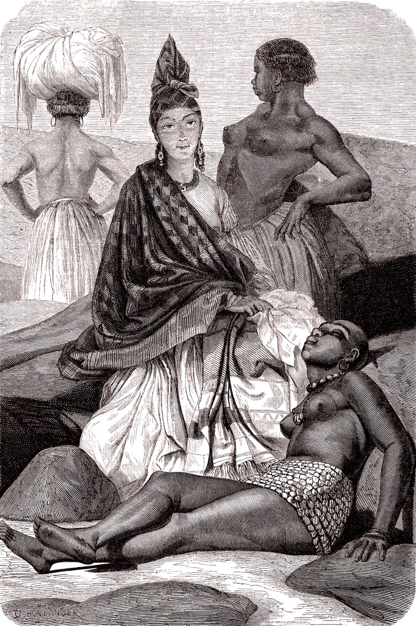 Signare, Senegal, Goree Adası'ndaki melez Fransız Afrikalı kadınlar. 1861 (gravür) by Gustave Clarence Rodolphe Boulanger
