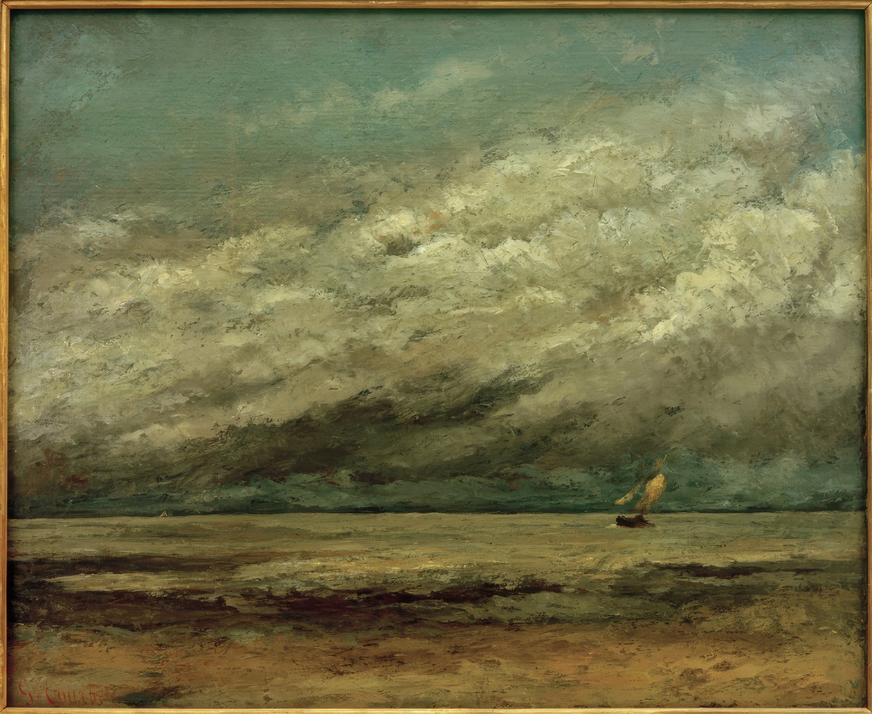 Sahile yakın yelkenli tekne, fırtınalı gökyüzü by Gustave Courbet