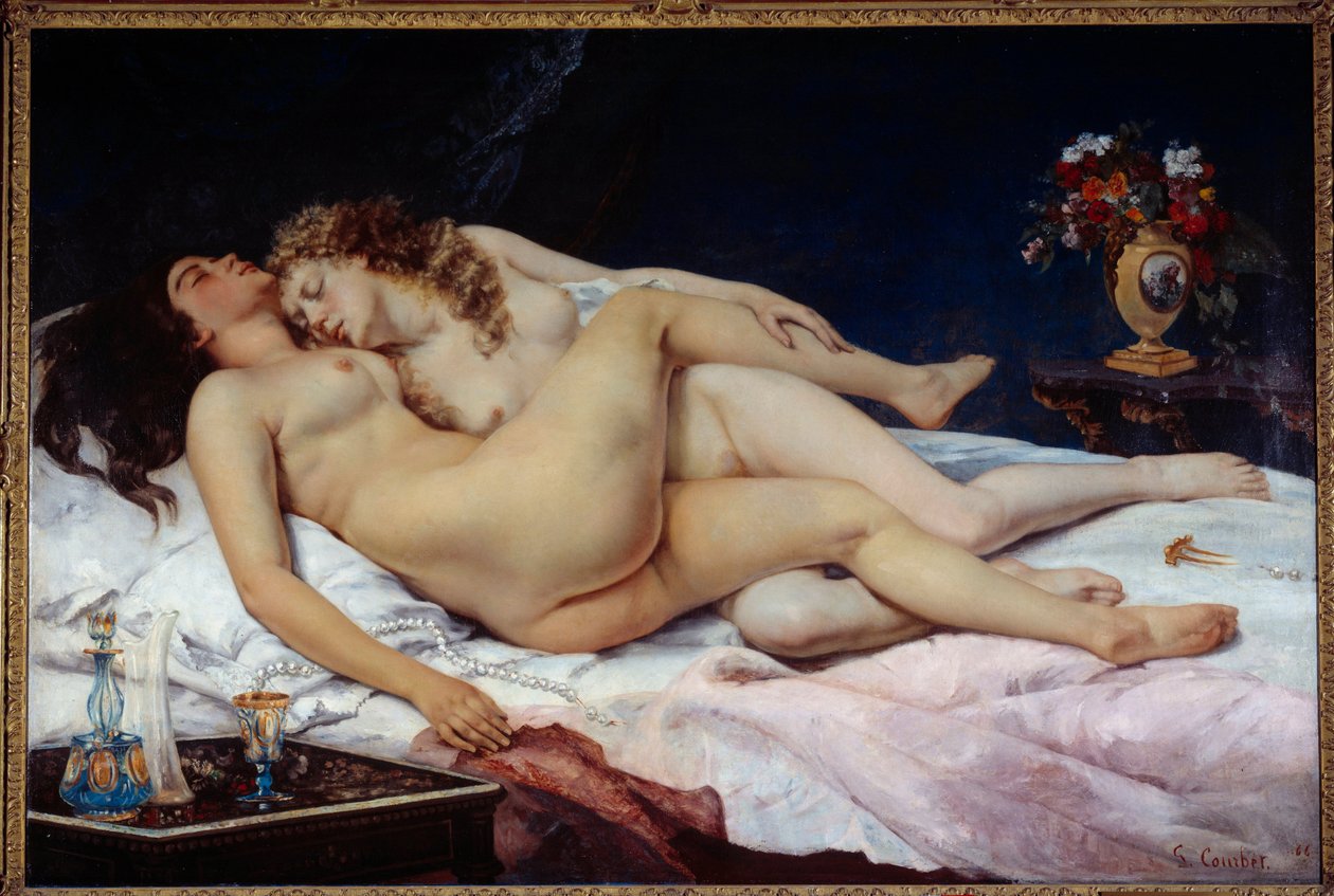 Uyumak. Bir yatakta sarılmış iki çıplak kadın by Gustave Courbet