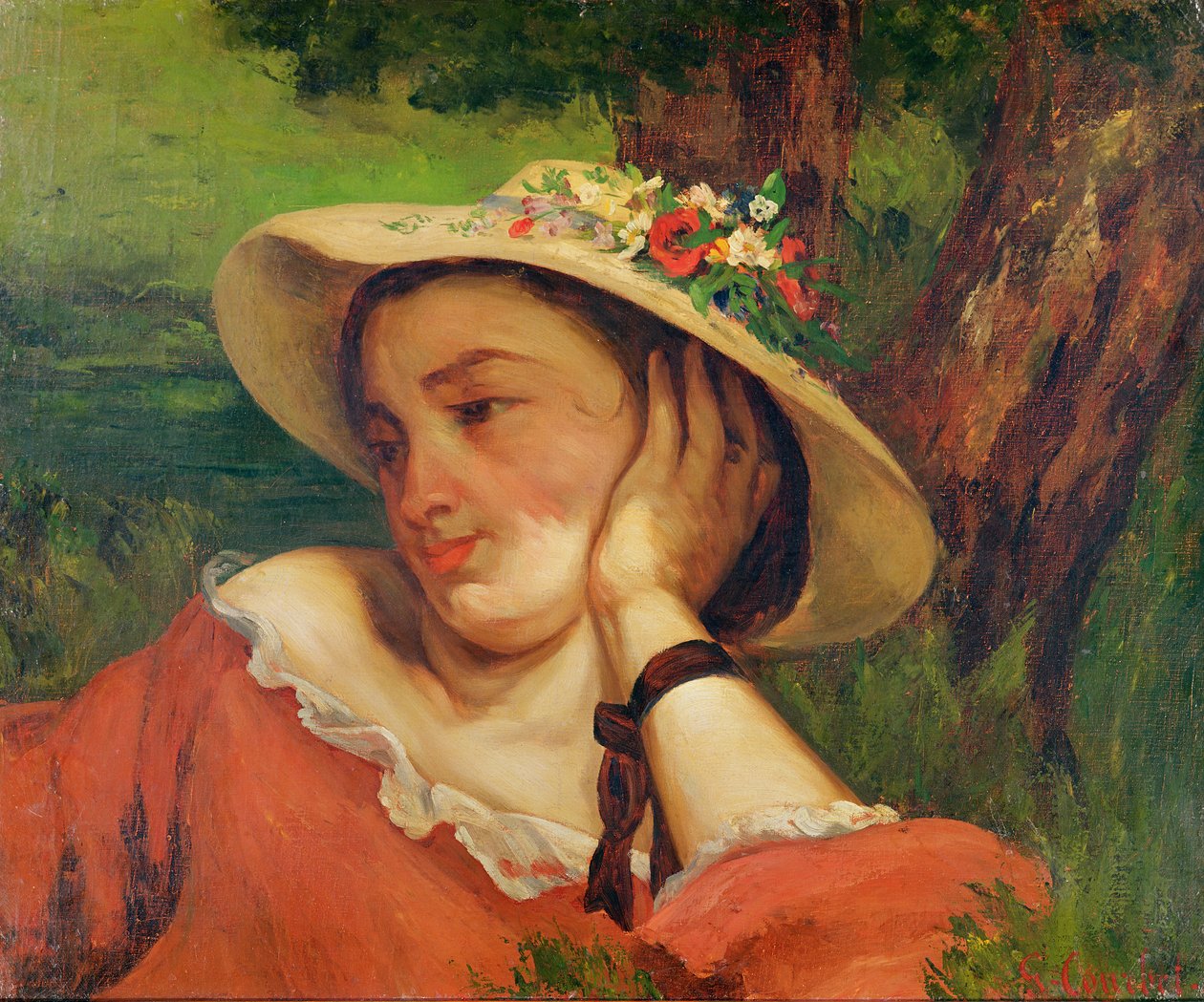 Çiçekli Hasır Şapkalı Kadın, 1857 dolayları by Gustave Courbet