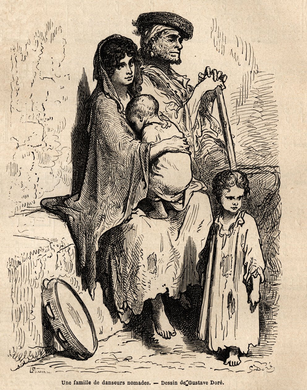 Sevilla sokaklarında dinlenen göçebe dansçılardan oluşan bir aile. Gustave Dore (1832-1883) tarafından canlı olarak çekilen eskiz. 1862