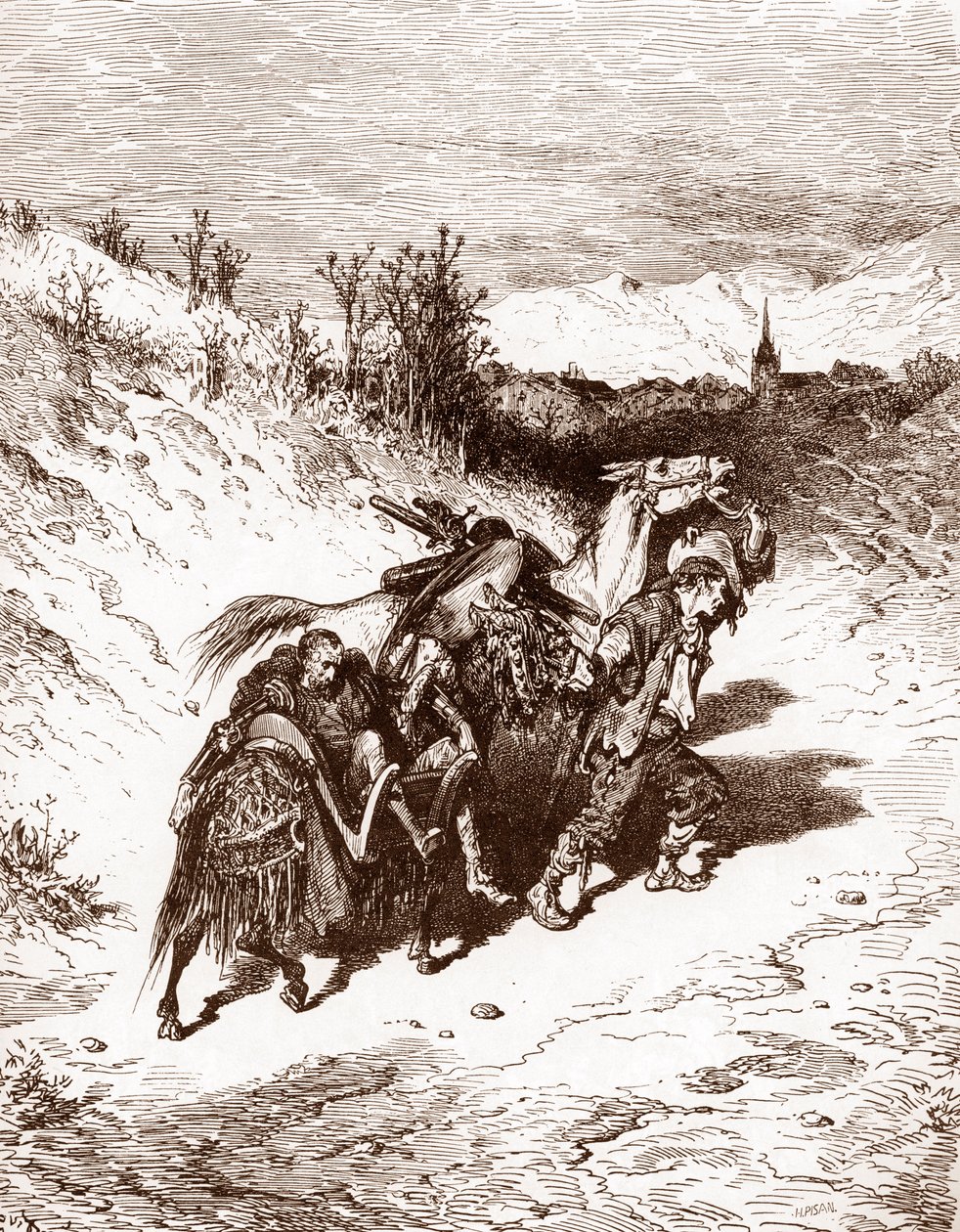 Kendi köyünden bir çiftçi, Miguel de Cervantes'in (1547-1616) “L'Ingenieux Hidalgo Don Quixote de la Manche (Quixote - Quijote)” için Gustave Dore'un (1832-1883) Gravürü Kişot'u eve getiriyor (1547-1616) 1863 Özel koleksiyon by Gustave Dore