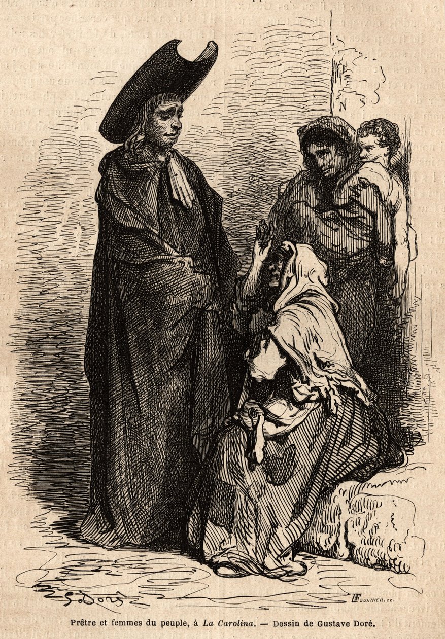 Paçavralar giymiş bir rahip ve halktan bir kadın; profesyonel İspanyol dilenciler, Hıristiyan hayır kurumunu ustaca sömürmek için kiliselerin mahkemelerine yerleştiler. Gustave Dore (1832-1883) tarafından canlı olarak çekilen eskiz. Yolculuğu göstermek içi by Gustave Dore