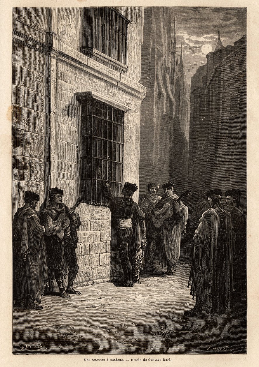 Ay ışığında, Cordoba sokaklarında bir serenat, âşık elinde gitar, tel örgü pencereden nişanlısıyla alçak sesle konuşur, şiirler okur ya da şarkı söyler. Gustave Dore