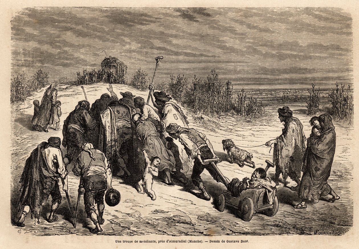 Gerçek bir mucizeler mahkemesi olan bir dilenci ve sakat topluluğu, Almuradiel (Mancha Eyaleti) civarında badem istemek için bir gayrete gidiyor. Gustave Dore