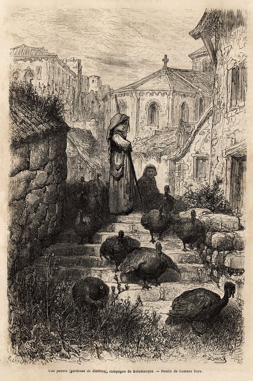 Salamanca kırsalında bir köyün sokaklarında bir hindi bekçisi. Gustave Dore