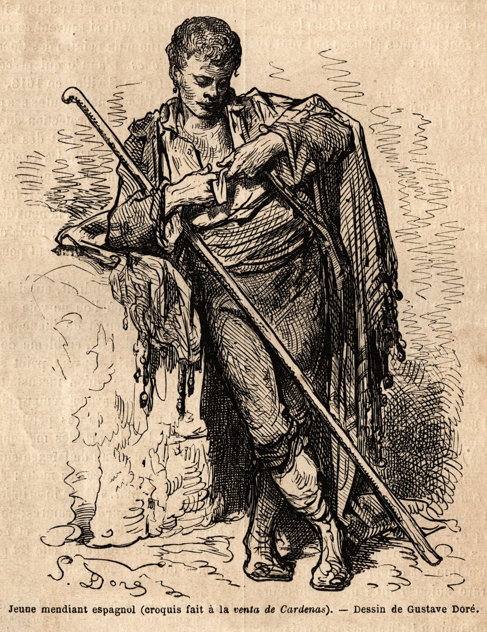 Genç bir dilenci, a la vente de Cardenas, Almaden (Kanal eyaleti) yolunda bir han. Gustave Dore (1832-1883) tarafından canlı olarak çekilen eskiz. Charles Davillier ve Gustave Dore tarafından 1862'de İspanya'daki yolculuğu gösteren gravür, “Le tour by Gustave Dore