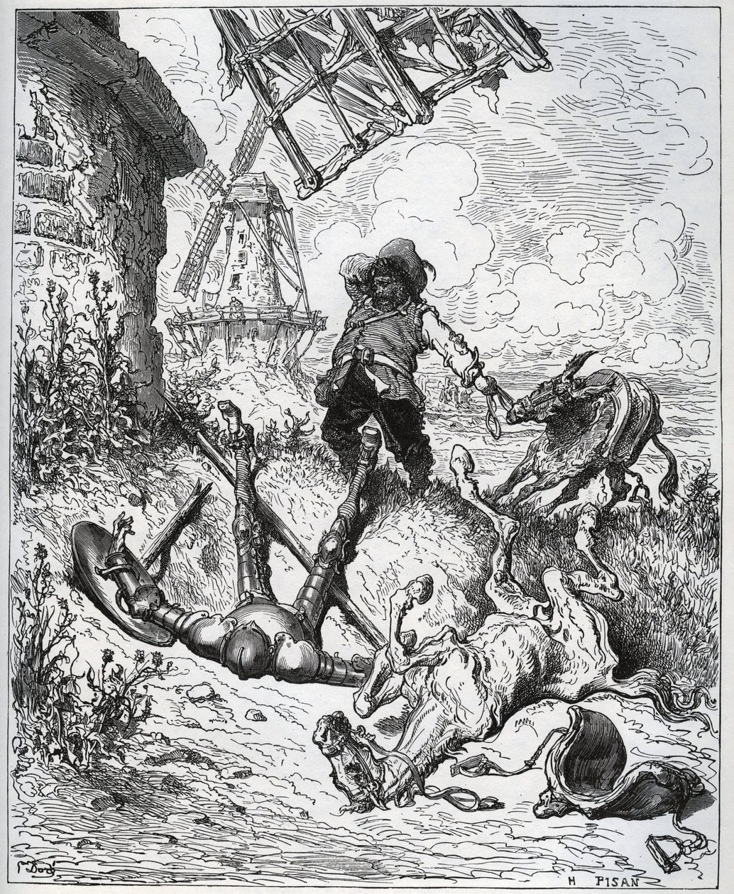 Saldırıdan sonra yel değirmenleri verir - “” Misericorde! “” Sancho - Miguel Cervantes (1547-1616) tarafından “” Don Kişot de la Mancha”dan (Don Kişot) - Gustave Dore tarafından çizildikten sonra gravür by Gustave Dore