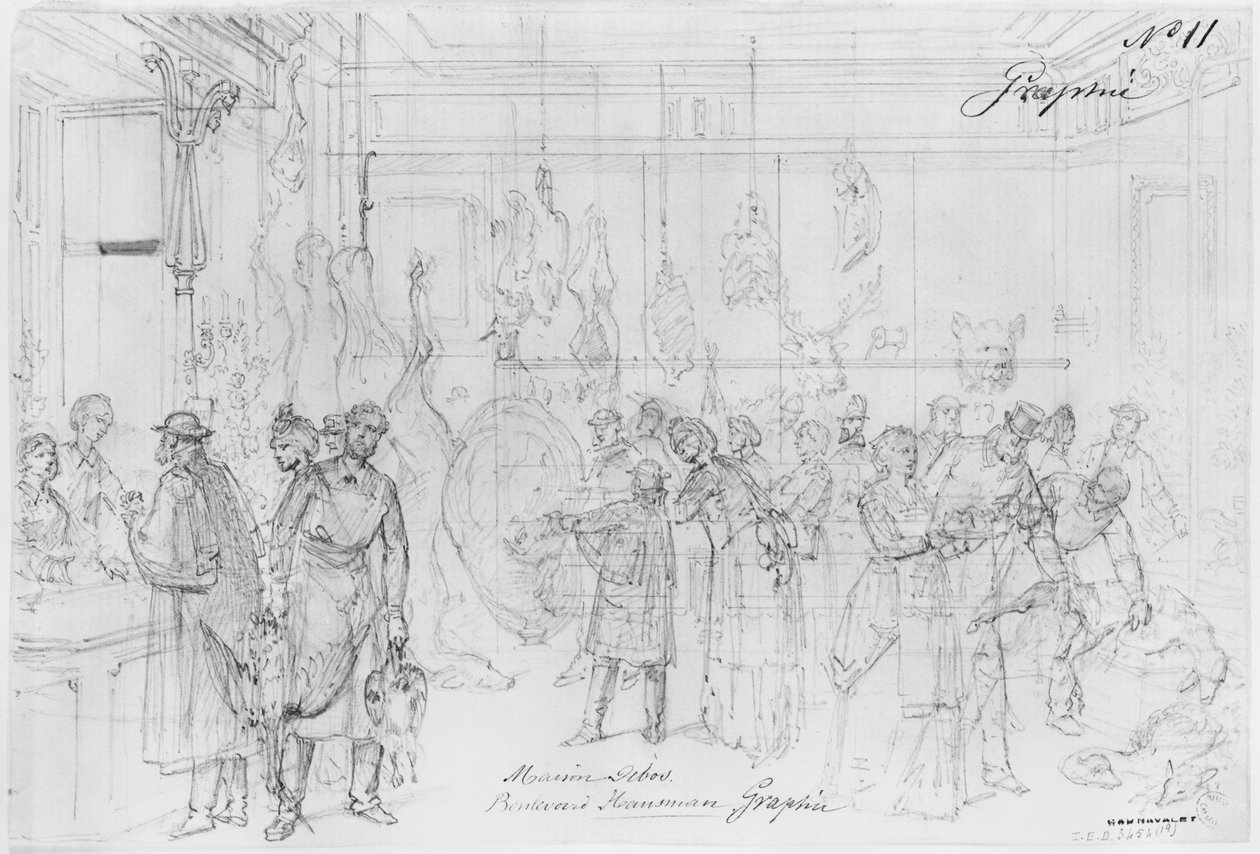 Paris Kuşatması albümü, Maison Debos, Boulevard Haussmann (kağıt üzerine kalem ve kahverengi mürekkep yıkama ve kurşun kalem) by Gustave Dore