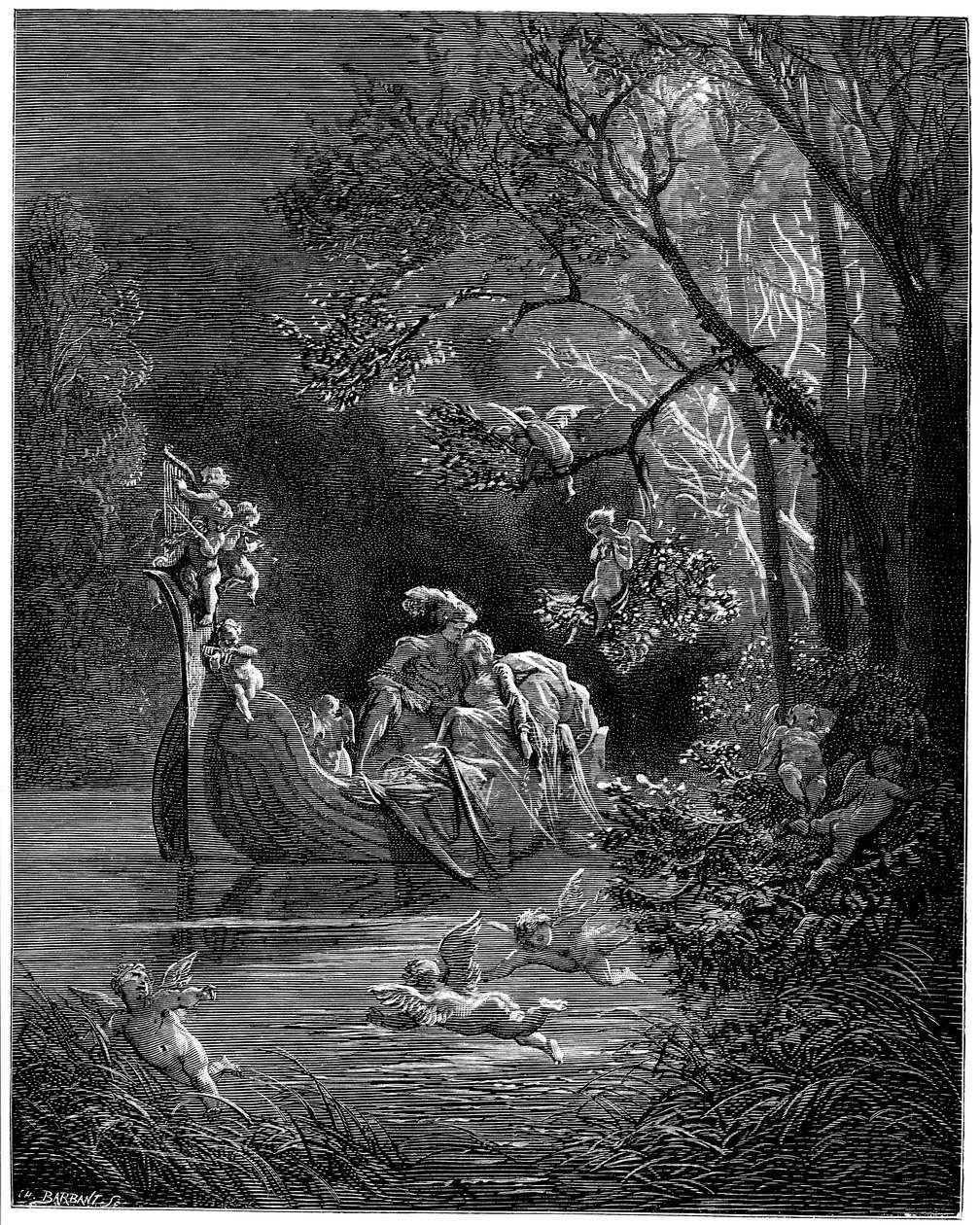 Alcina ve Ruggiero balık tutmaya giden mutlu aşıklar olarak by Gustave Dore