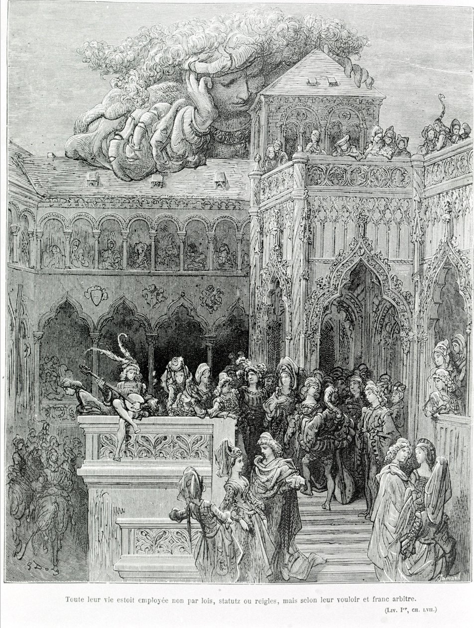 Gargantua'dan (1534) sonra François Rabelais'in (1483 - 1553) tüm yaşamları yasalara, tüzüklere veya kurallara göre değil, iradelerine ve açık iradelerine göre uygulandı. Gustave Dore (1832-1883) tarafından oyulmuş. by Gustave Dore