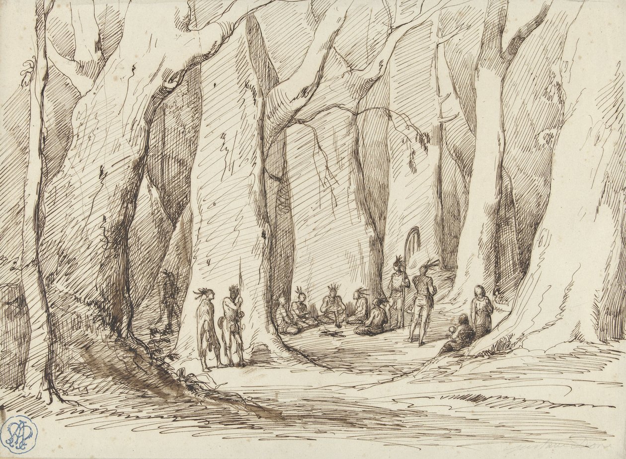 Kızılderililerin bir ormanda toplanması by Gustave Dore