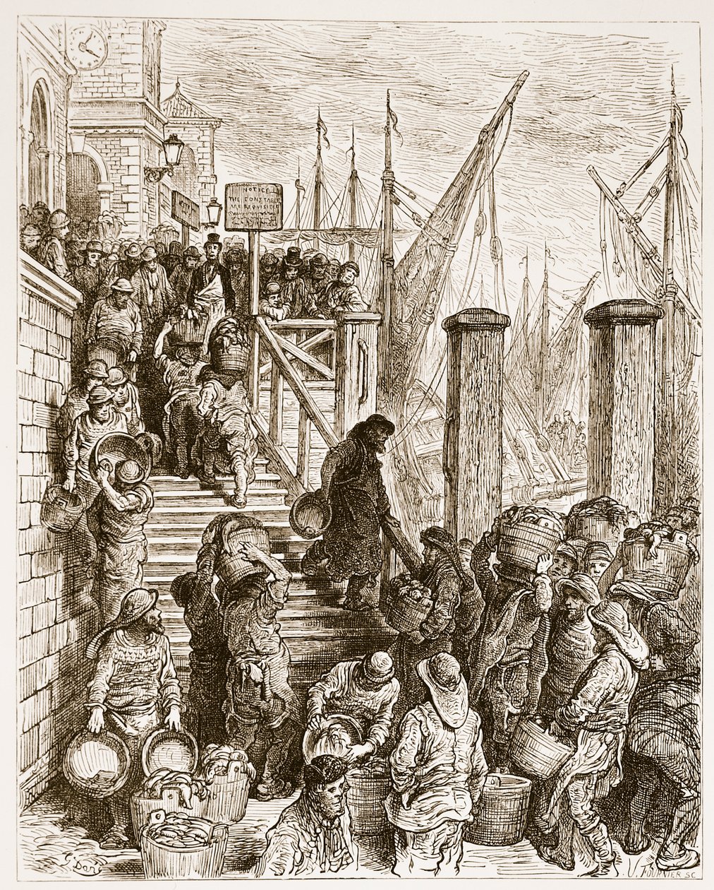 Billingsgate, Landing the Fish, William Blanchard Jerrold (1826-94) tarafından yazılmış ve Hildibrand tarafından oyulmuş, 'London, a Pilgrimage'dan. 1872 by Gustave Dore