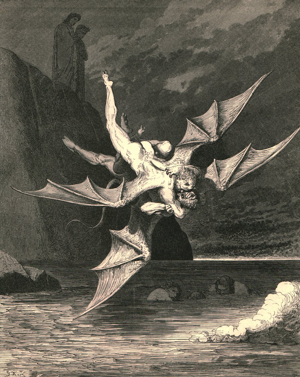 Ama diğeri çakır kuşu olduğunu kanıtladı... ve kaynayan göle her ikisi de düştü, c1890. by Gustave Dore