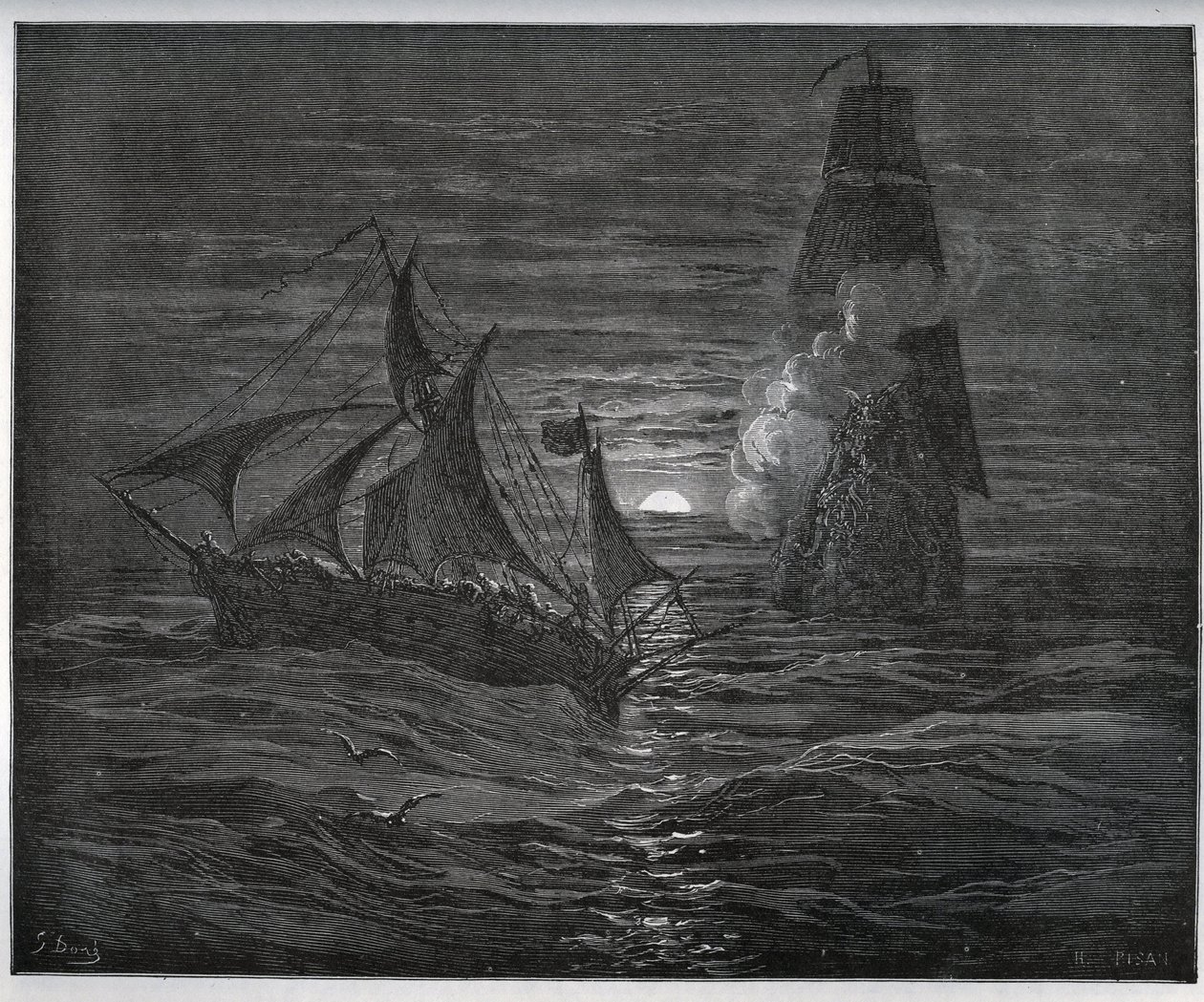 Tutsak hikayesi. İspanyol Kaçış Teknesi, Miguel Cervantes (1547-1616) (Don Kişot) tarafından “” Don Kişot de la Mancha”dan bir Fransız Gemisinin Saldırısı - Gustave Dore tarafından çizildikten sonra gravür by Gustave Dore