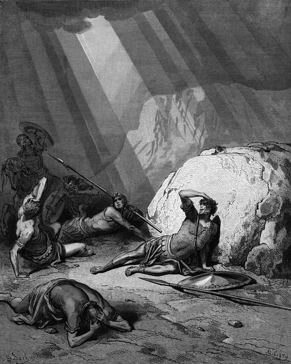Şam yolunda St Paul'un dönüşümü. Elçilerin İşleri 9. Gustave Dore İncilinden 1865-1866. Ahşap oyma. Tanrı'nın gücü bir ışık demeti olarak tasvir edilmiştir. by Gustave Dore