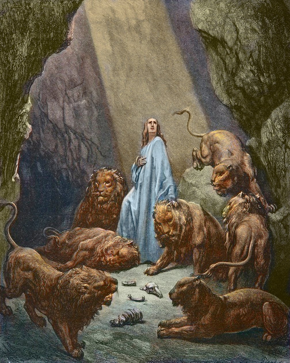 Daniel Aslan İnine atılır - Daniel Aslan İninde - Gustave Dore tarafından gravür - daha sonra boyama by Gustave Dore